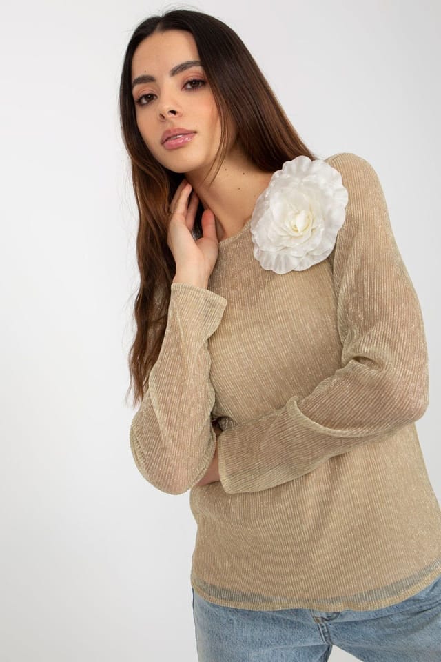 Love Lace Love Lace Women's Long Sleeve Two Piece Blouse Flower Brooch in Beige - 2