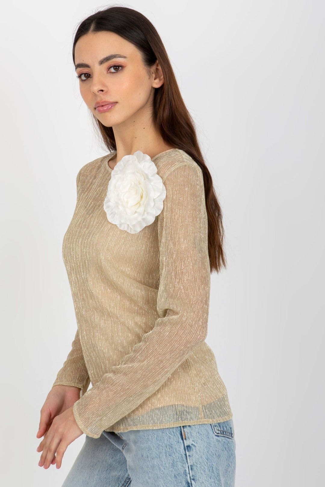 Love Lace Love Lace Women's Long Sleeve Two Piece Blouse Flower Brooch in Beige - 4