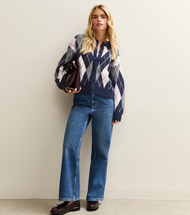 New Look Women's Petite Blue Argyle Knit Crew Neck Cardigan New Look - 3