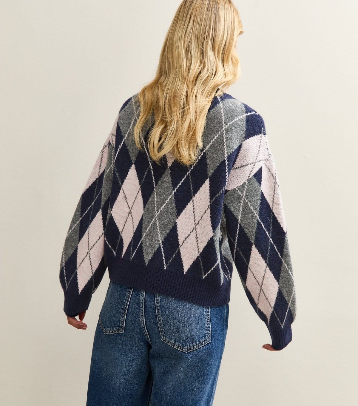 New Look Women's Petite Blue Argyle Knit Crew Neck Cardigan New Look - 4