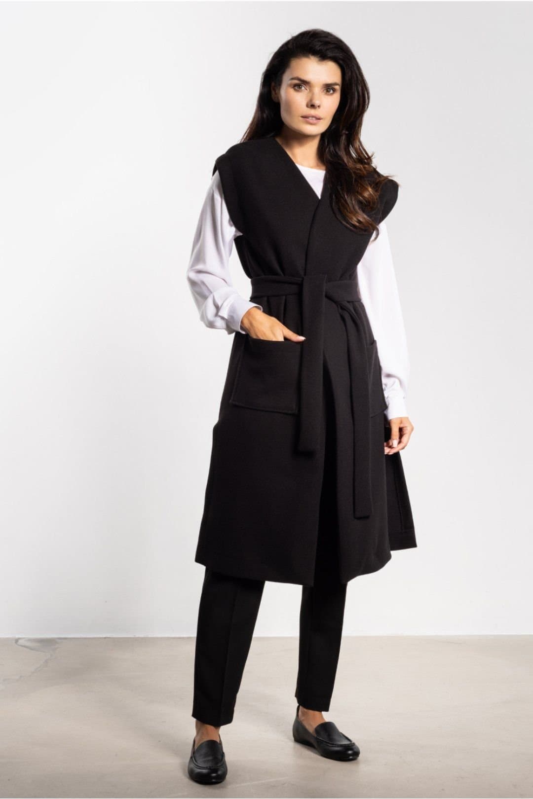 Love Lace Love Lace Women's Long Fleece Vest with Waist Belt & Pockets in Black