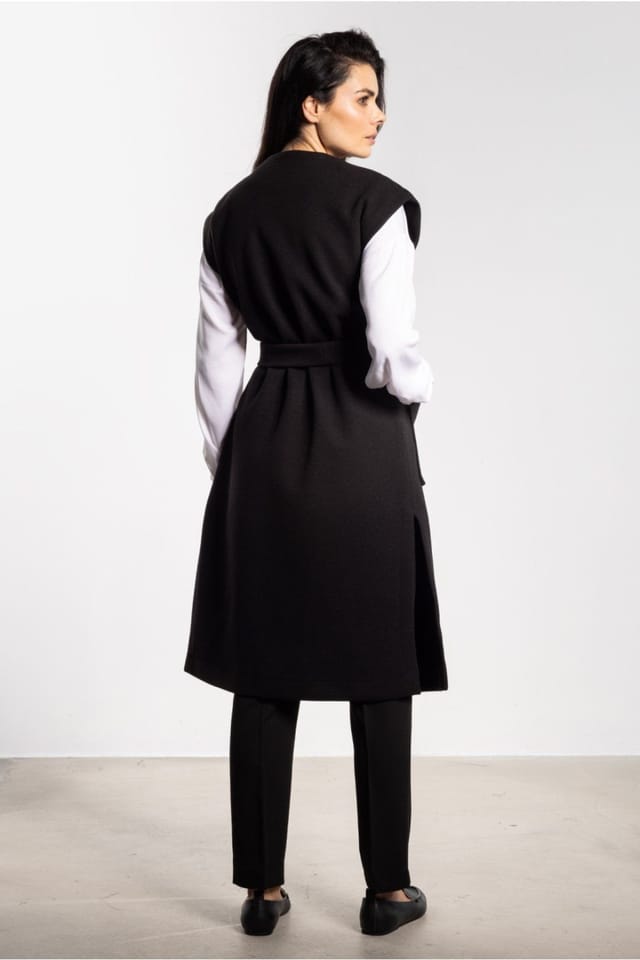 Love Lace Love Lace Women's Long Fleece Vest with Waist Belt & Pockets in Black - 2