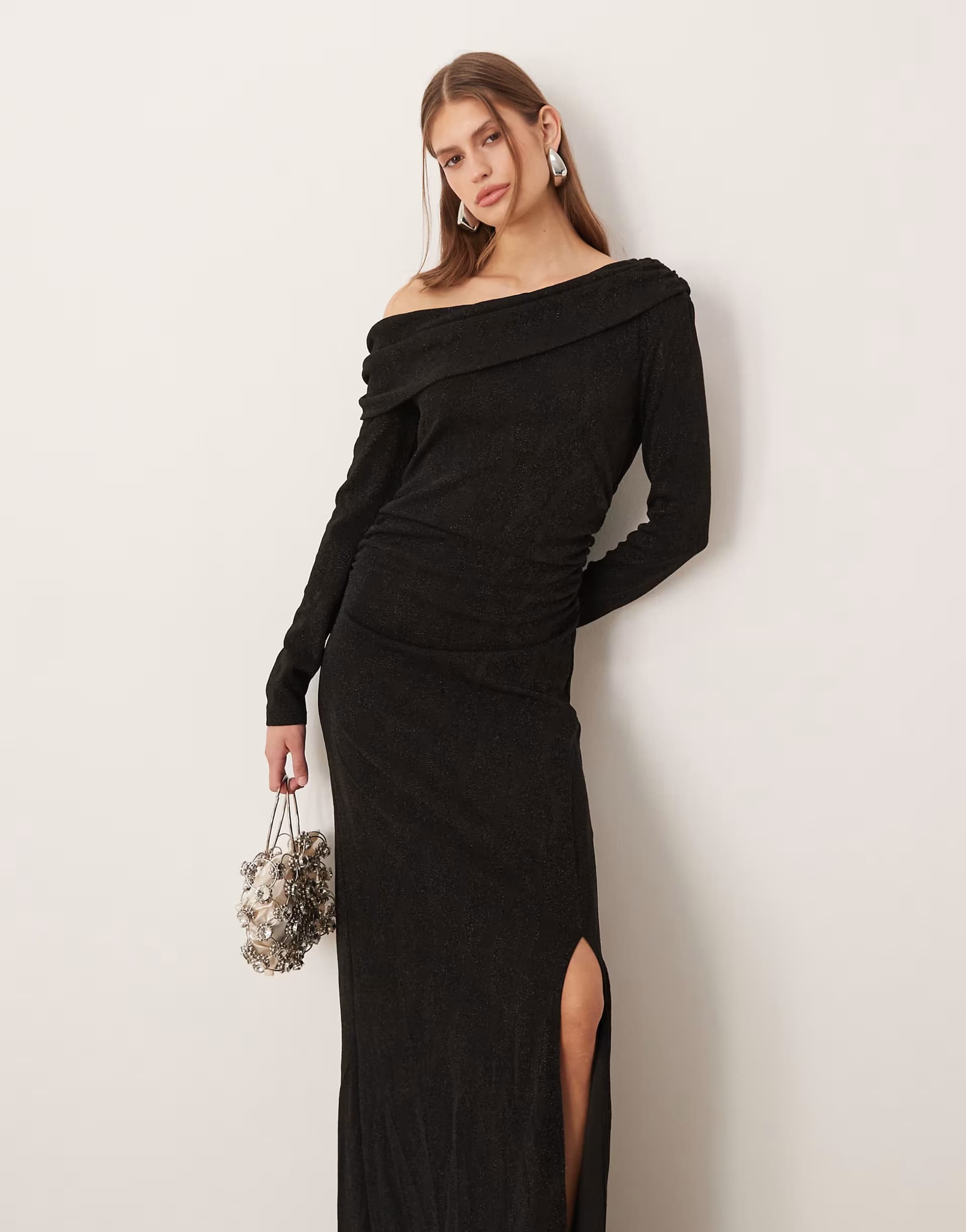 ASOS YAS off shoulder glitter midi dress with leg split in black