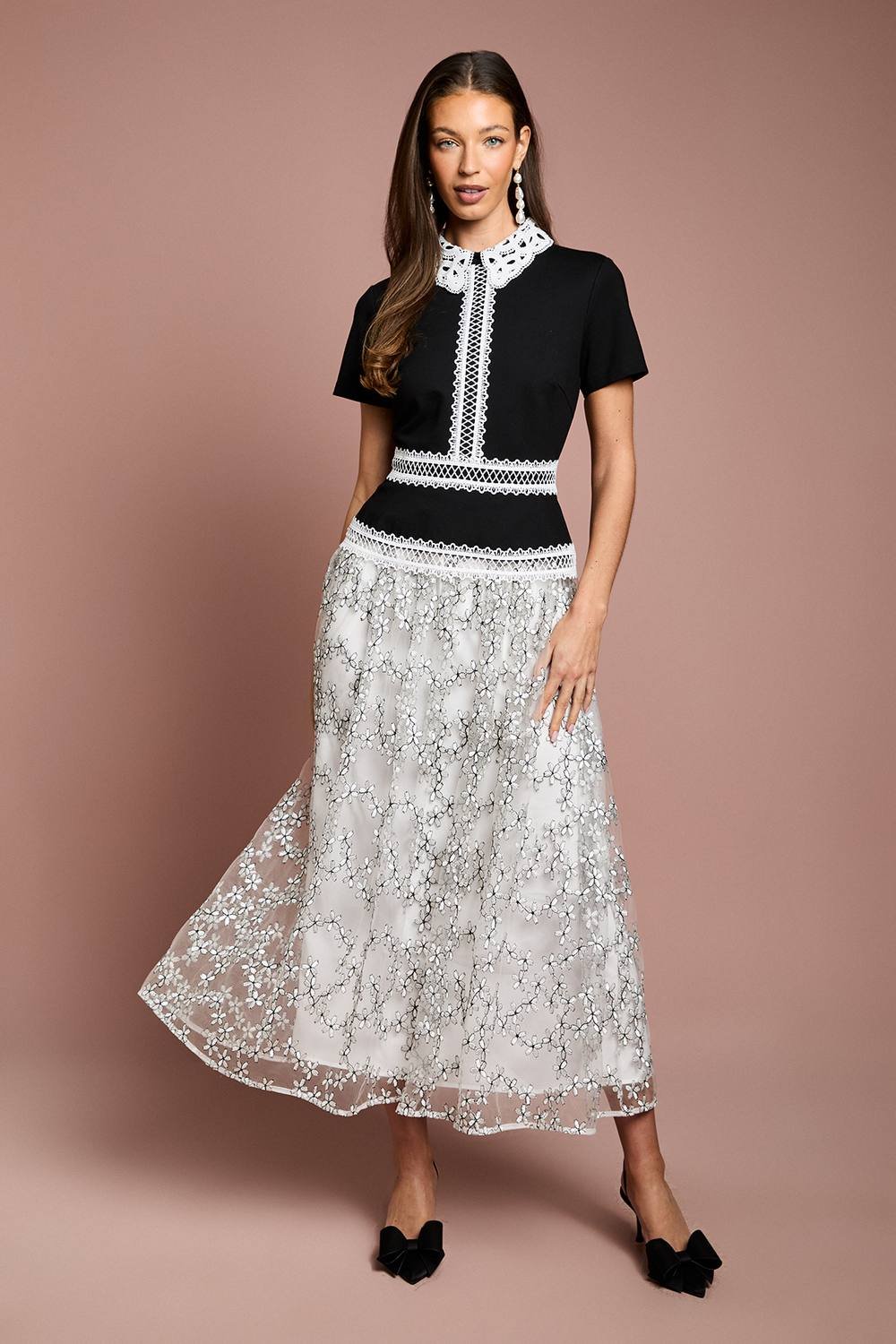 Coast Coast Women's Stretch Bodice Embroidered Mesh Skirt Midaxi Dress in Mono - 2