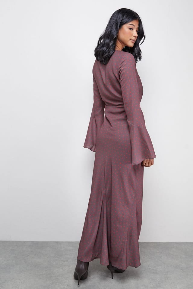 Warehouse Warehouse Women's Premium Georgette Ruched Front Flutter Cuff Maxi Dress in Chocolate - 3