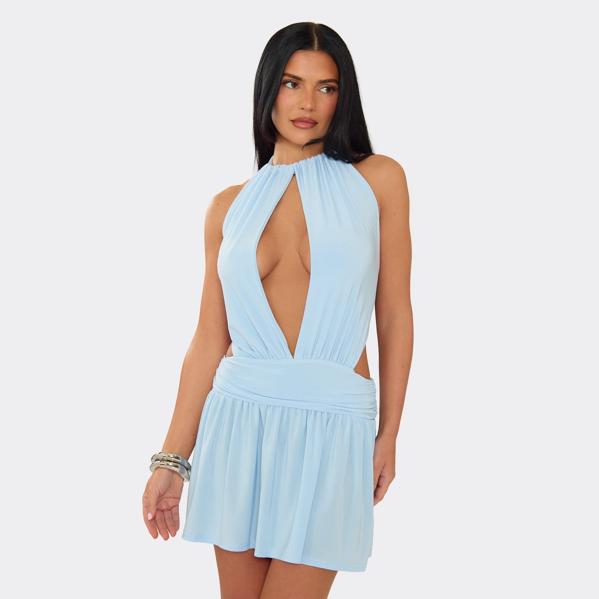 EGO Halterneck Key Hole Cut Out Open Back Mini Dress In Baby Blue, Women's Size UK 6