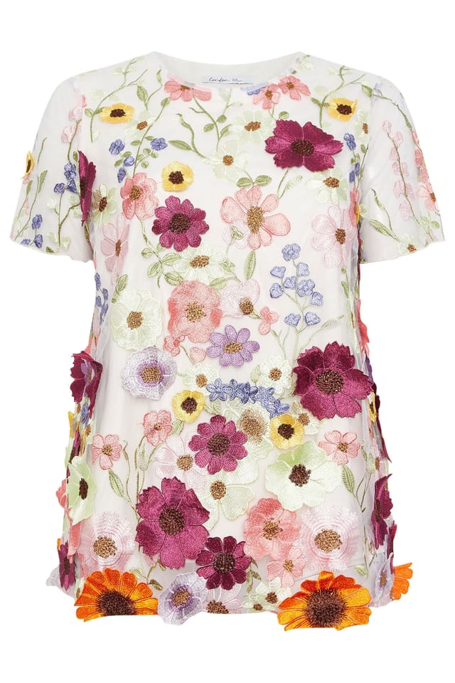 Yours Yours Women's Floral 3D Embroidered T-Shirt in White - 2