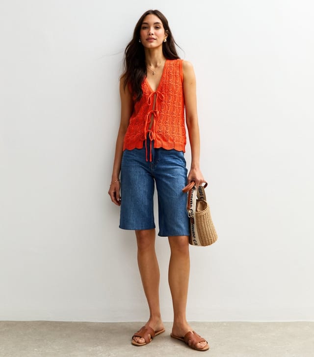 Sunshine Soul Women's Orange Crochet Knit Tie Front Vest Sunshine Soul New Look - 2