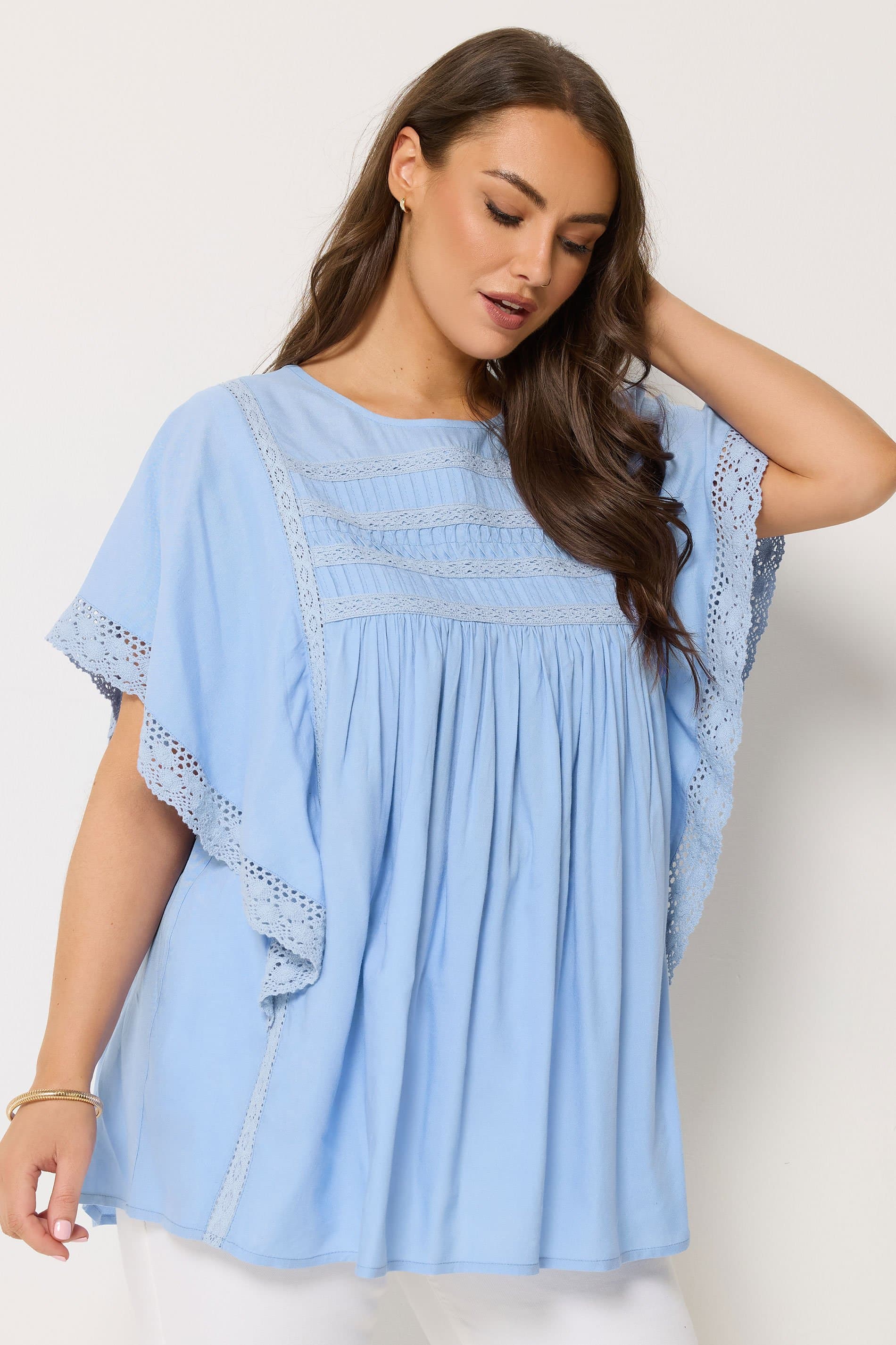 Yours Plus Size Blue Crochet Drape Sleeve Blouse