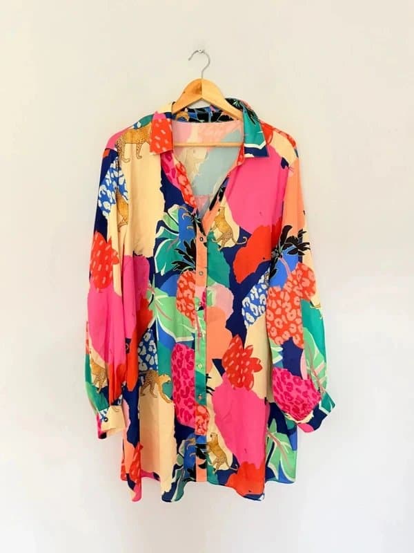 Never Fully Dressed Never Fully Dressed Dress Large Floral Tropical Leopard Oversized Mini Shirt .