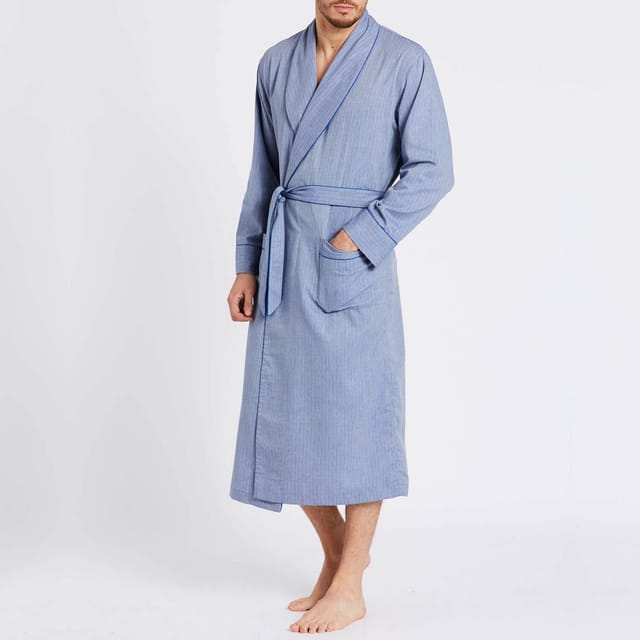 British Boxers British Boxers Men's 'Garrison' Herringbone Cotton Twill Dressing Gown in Mid Blue - 2