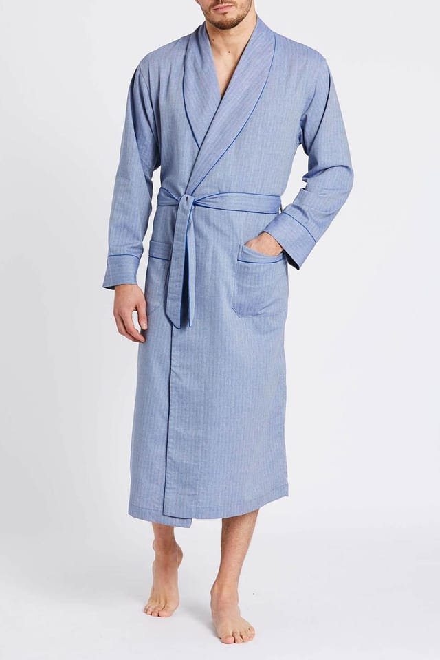 British Boxers British Boxers Men's 'Garrison' Herringbone Cotton Twill Dressing Gown in Mid Blue - 3