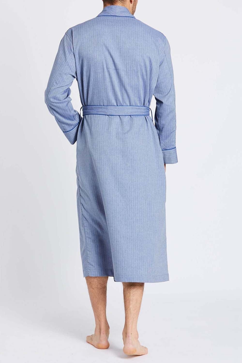 British Boxers British Boxers Men's 'Garrison' Herringbone Cotton Twill Dressing Gown in Mid Blue - 4