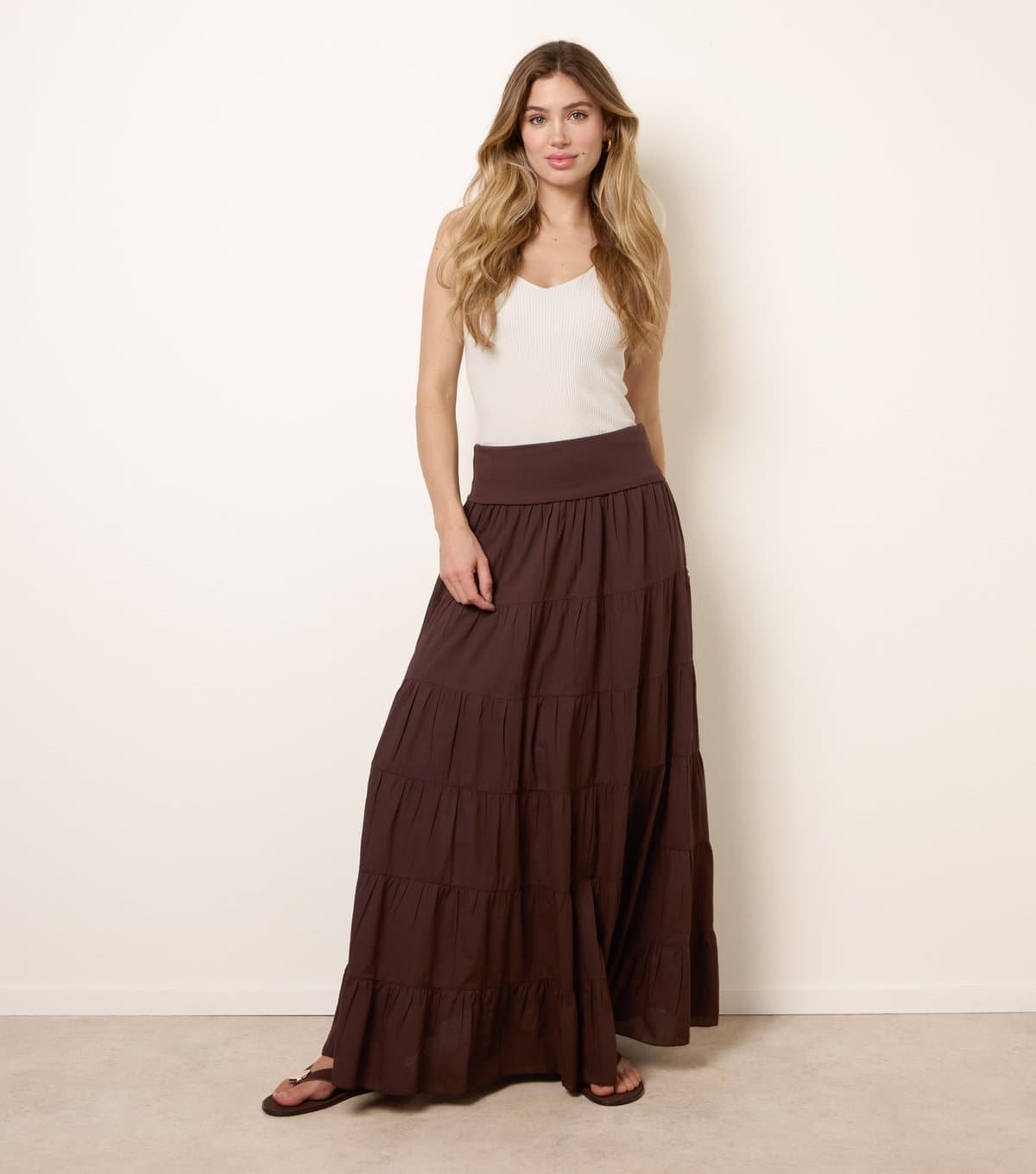 Blue Vanilla Women's Dark Brown Tiered Maxi Skirt Blue Vanilla New Look