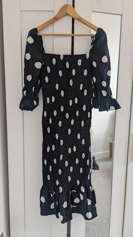 Never Fully Dressed Never Fully Dress Polka Dot Ruched Midi Dress