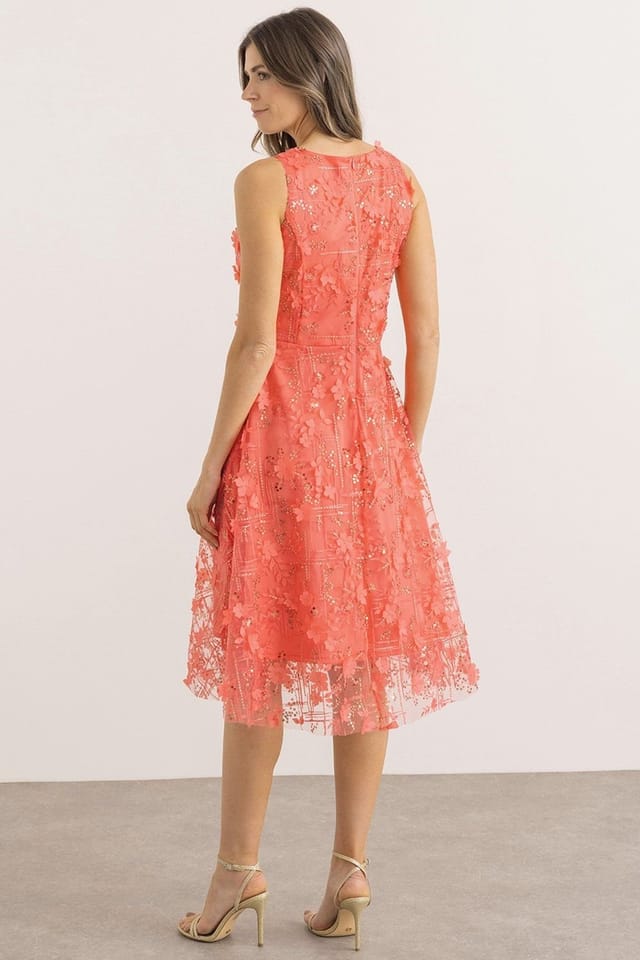 Klass. Klass. Women's Sleeveless Applique Shimmer Dress in Coral - 3
