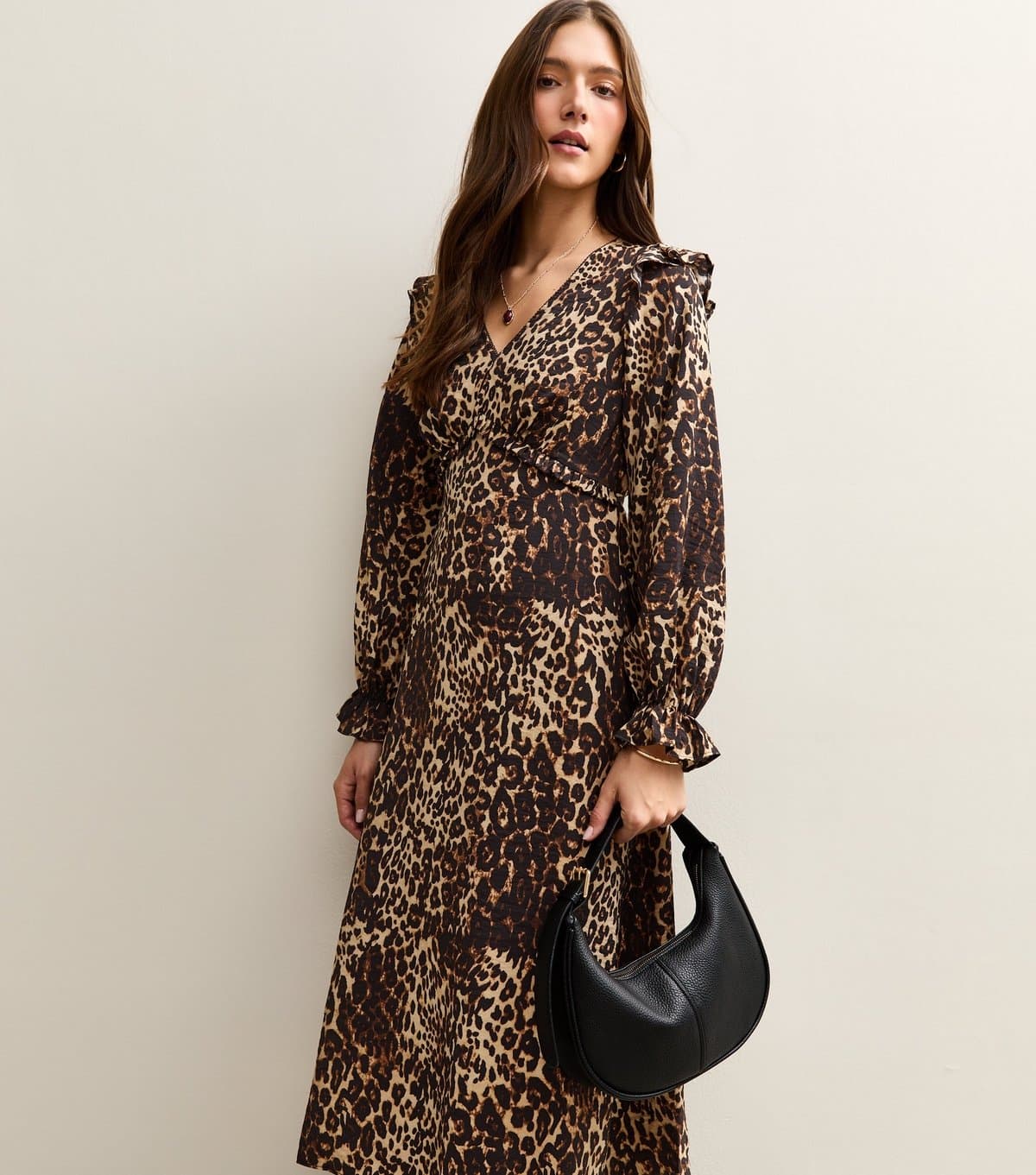 New Look Women's Brown Animal Print Frill Shoulder Midi Dress New Look