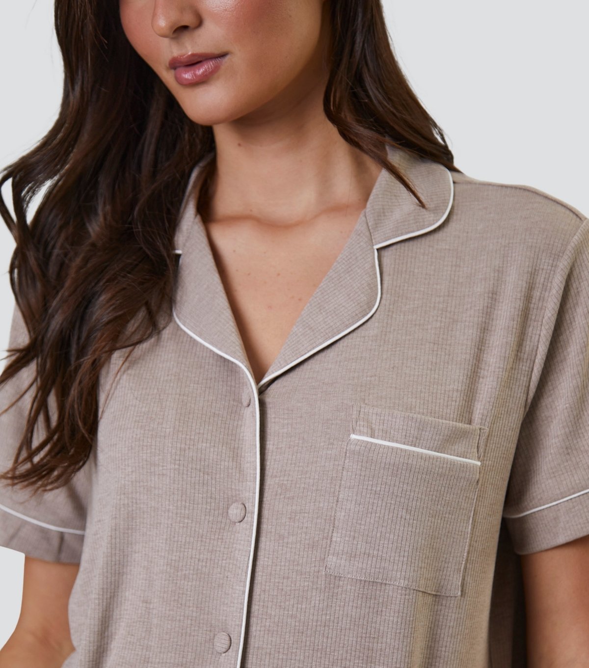 Loungeable Women's Oatmeal Ribbed Shirt and Shorts Pyjama Set Loungeable New Look - 3