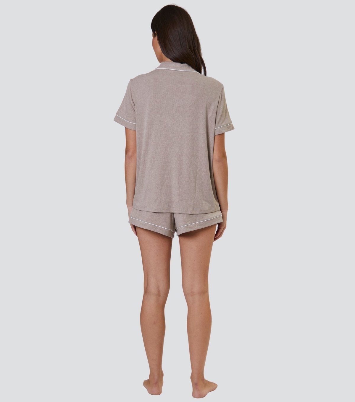 Loungeable Women's Oatmeal Ribbed Shirt and Shorts Pyjama Set Loungeable New Look - 4