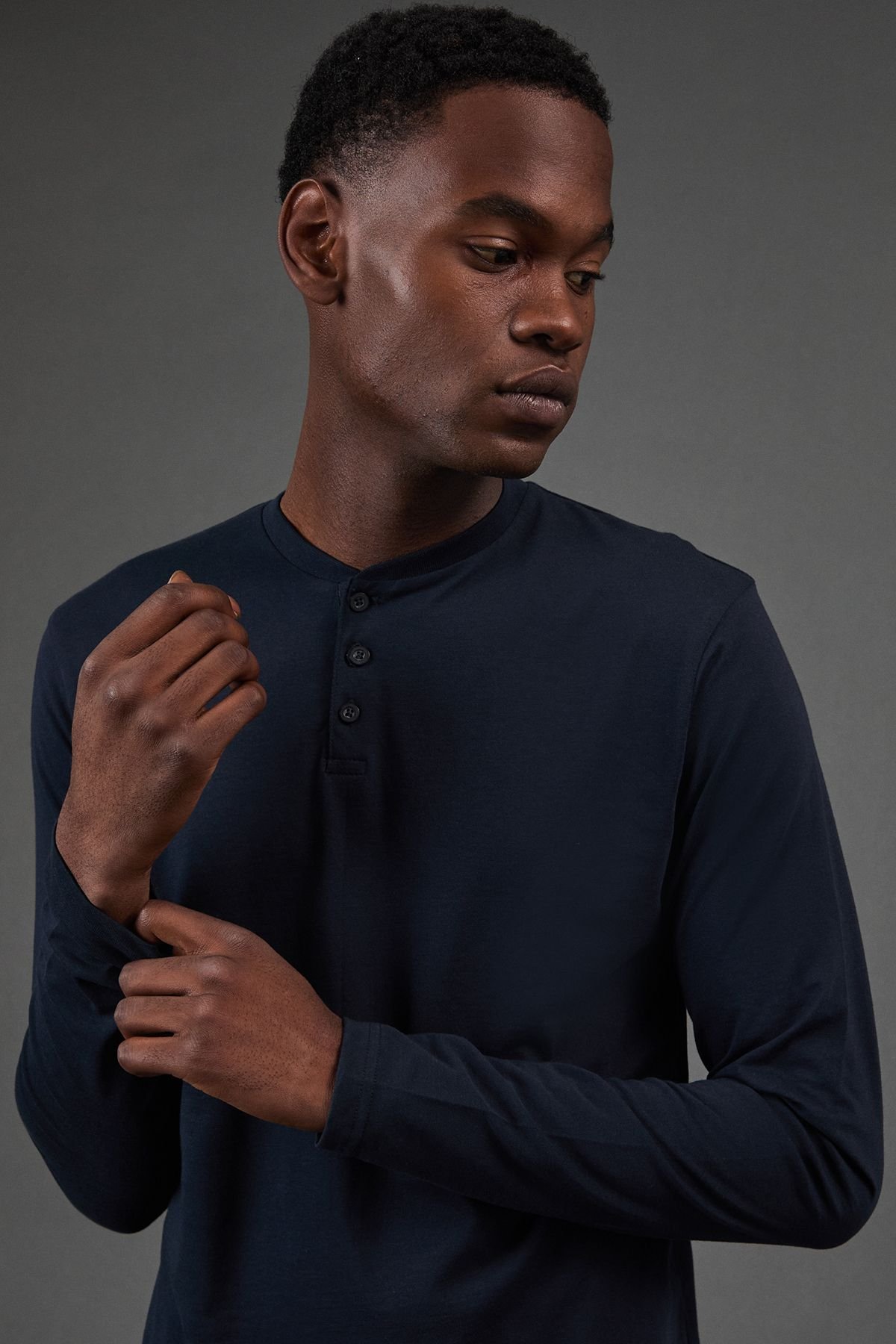 Burton Burton Men's Navy Long Sleeve Grandad Neck T-Shirt - 4