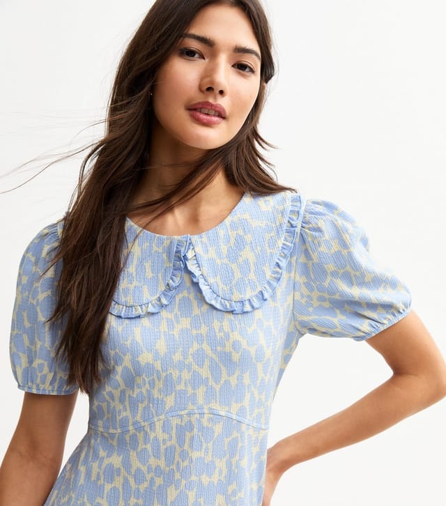 New Look Women's Blue Leopard Print Crinkle Texture Frill Collar Mini Dress New Look - 3