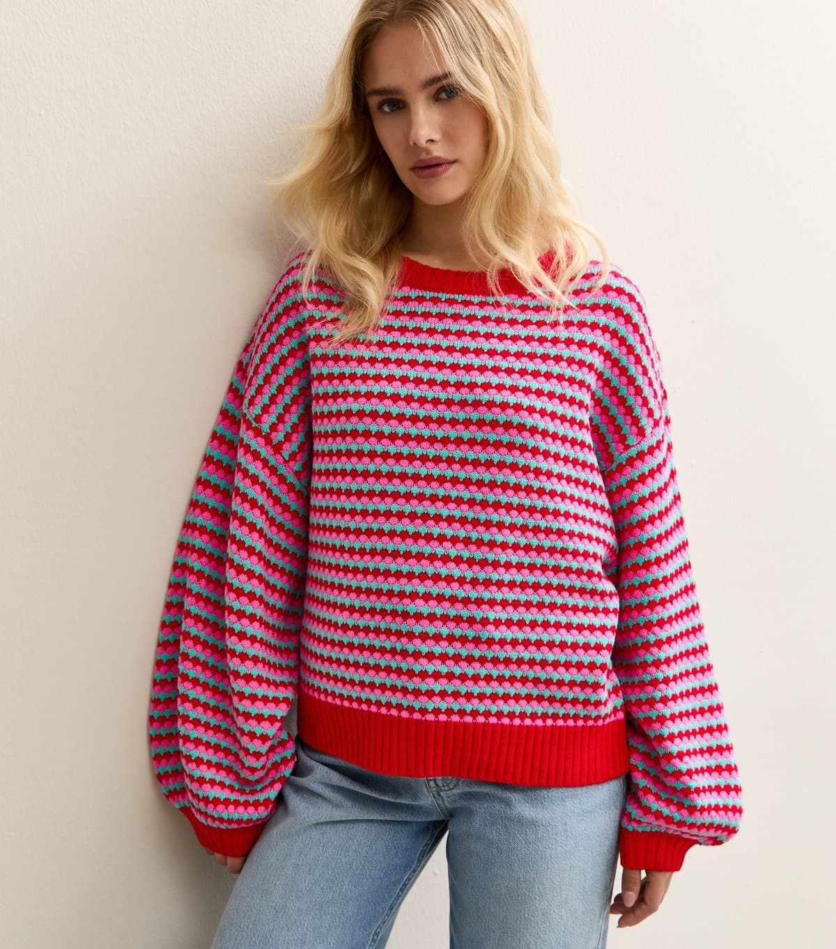 Sunshine Soul Women's Red and Pink Striped Crew Neck Jumper Sunshine Soul New Look