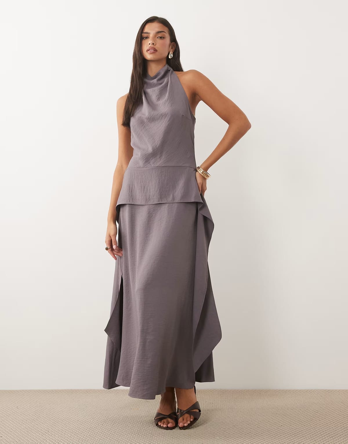 ASOS ASOS DESIGN cowl neck double layer maxi dress in charcoal - 1