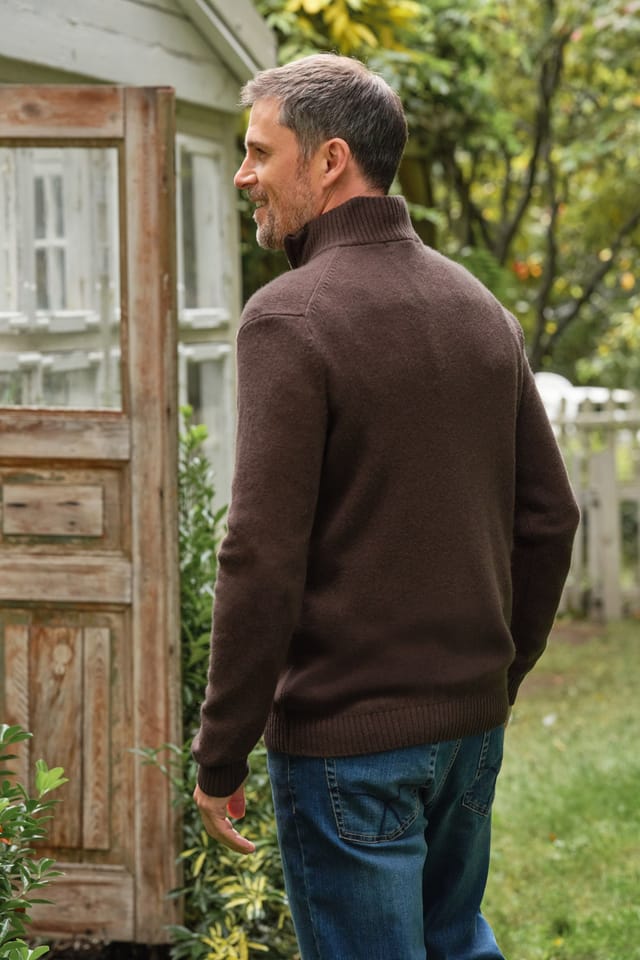 WoolOvers WoolOvers Men's Mens Lambswool Zip Neck Jumper in Brown - 3