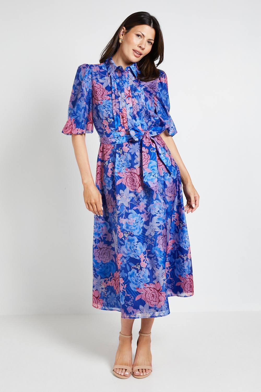 Wallis Wallis Women's Floral Organza Pintuck Midi Shirt Dress in Blue - 2