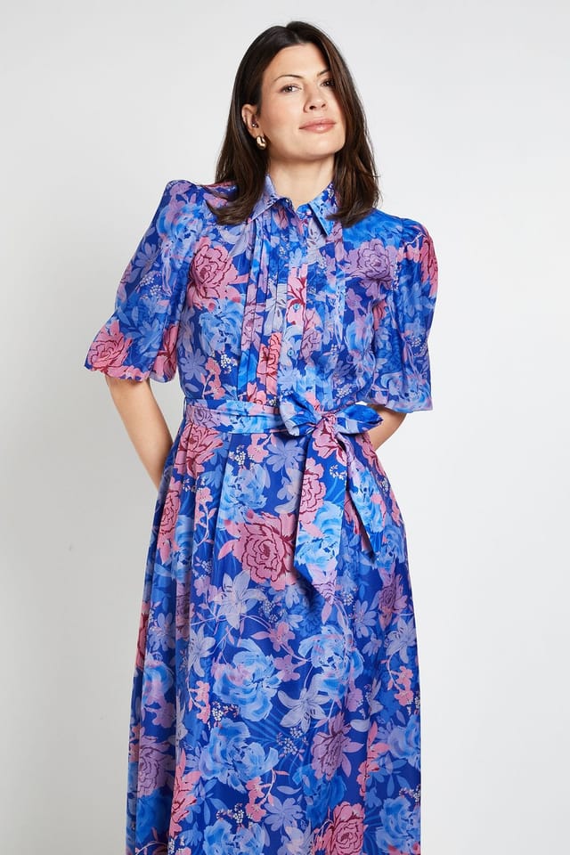 Wallis Wallis Women's Floral Organza Pintuck Midi Shirt Dress in Blue - 2