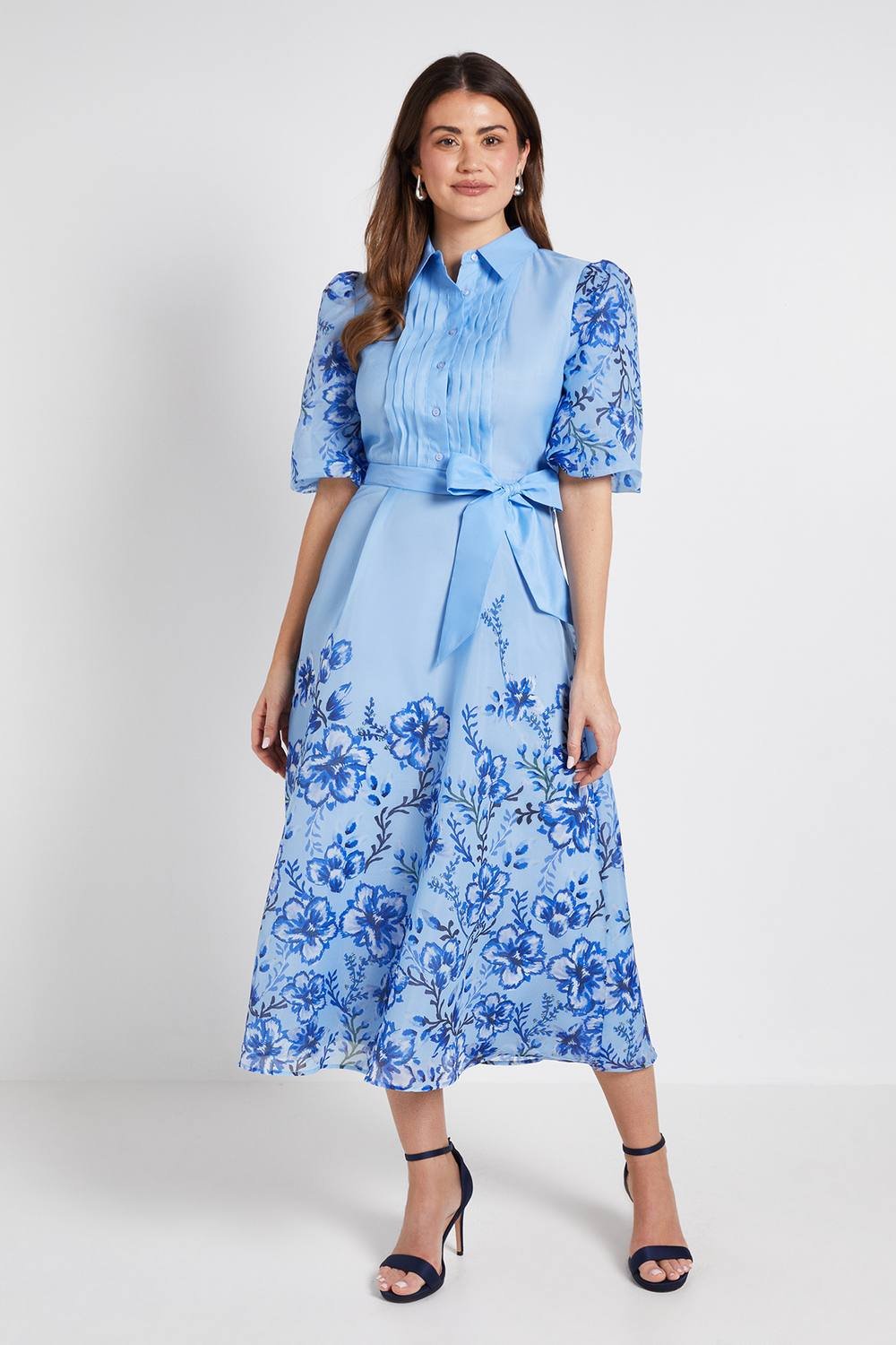 Wallis Wallis Women's Floral Organza Pintuck Midi Shirt Dress in Blue - 3