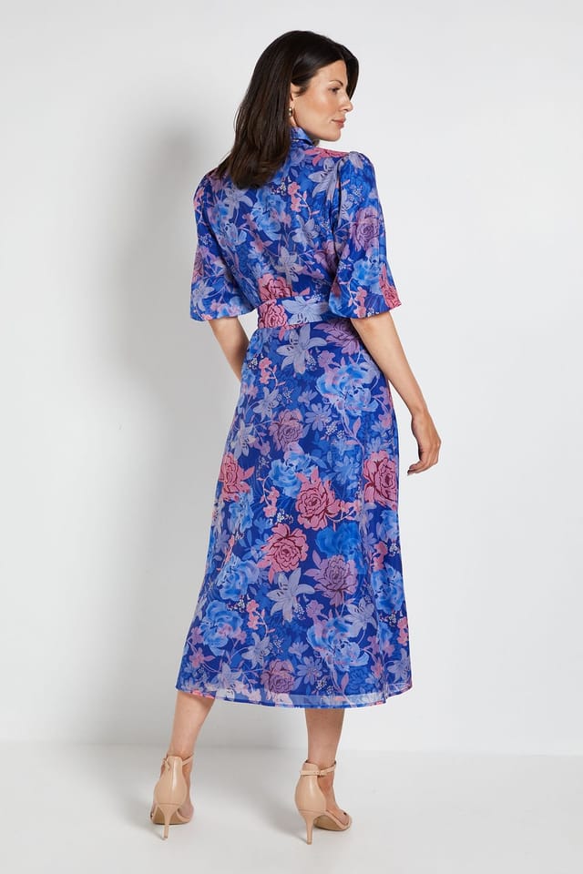 Wallis Wallis Women's Floral Organza Pintuck Midi Shirt Dress in Blue - 3