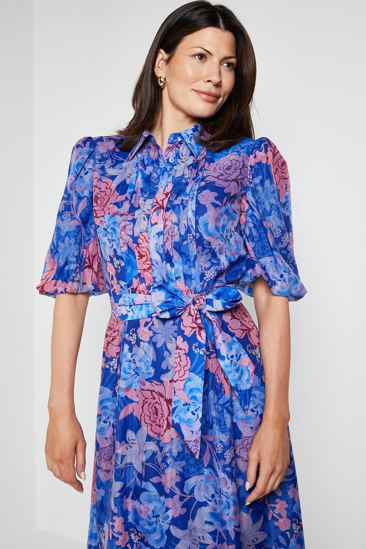 Wallis Wallis Women's Floral Organza Pintuck Midi Shirt Dress in Blue - 4