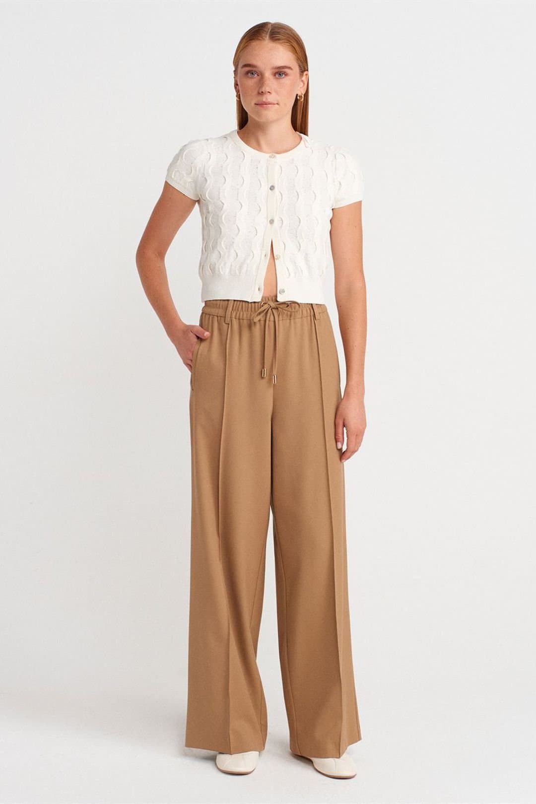 Dilvin Dilvin Women's Wide-Leg Crepe Trousers With Drawstring Waist in Camel