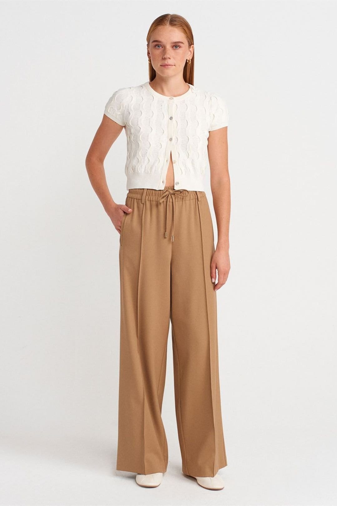 Dilvin Camel Crepe Wide-Leg Trousers