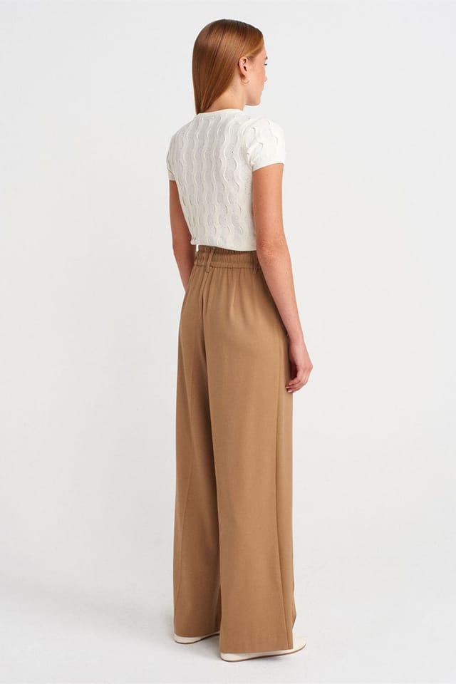 Dilvin Dilvin Women's Wide-Leg Crepe Trousers With Drawstring Waist in Camel - 2