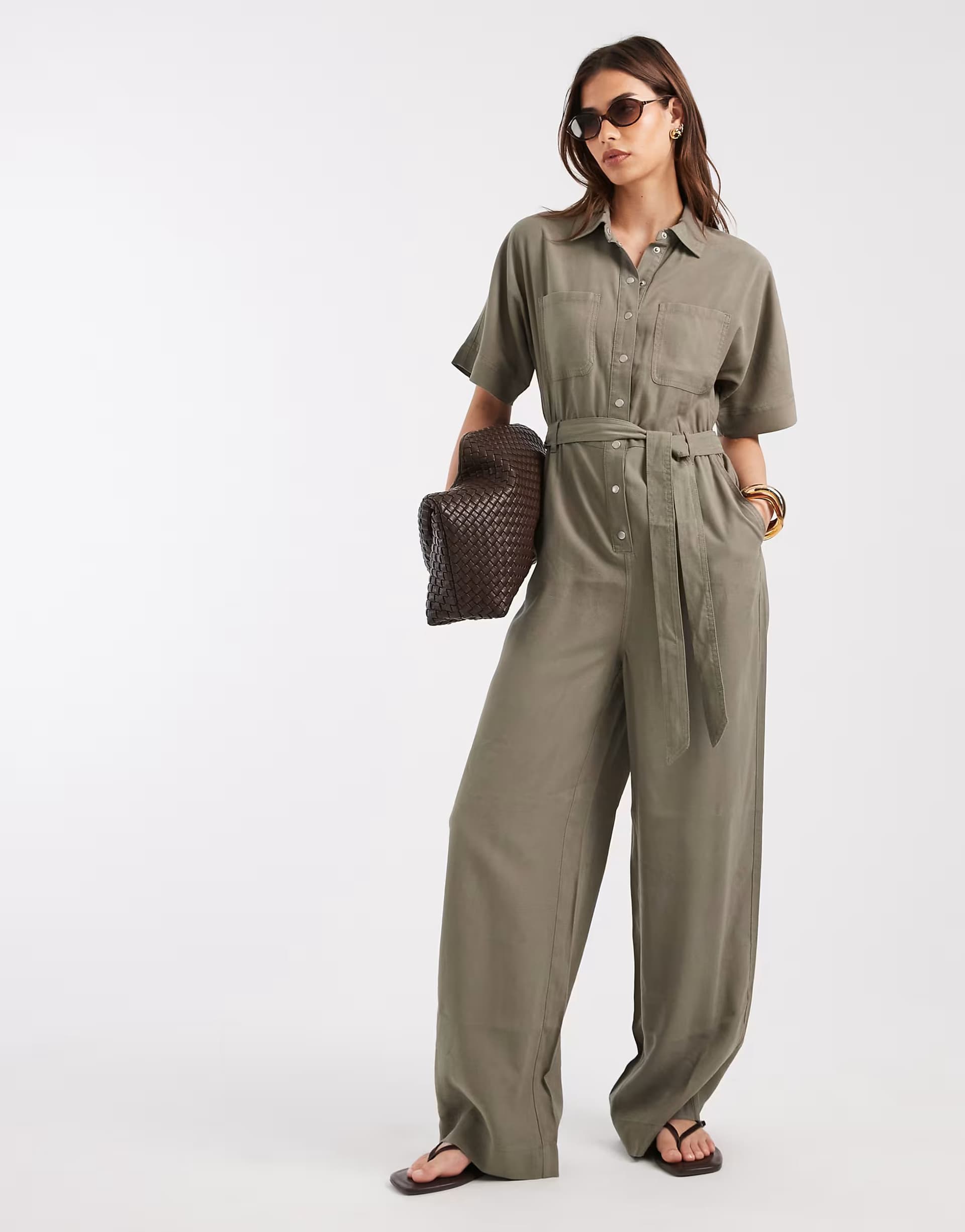 ASOS ONLY tie waist short sleeve jumpsuit in khaki