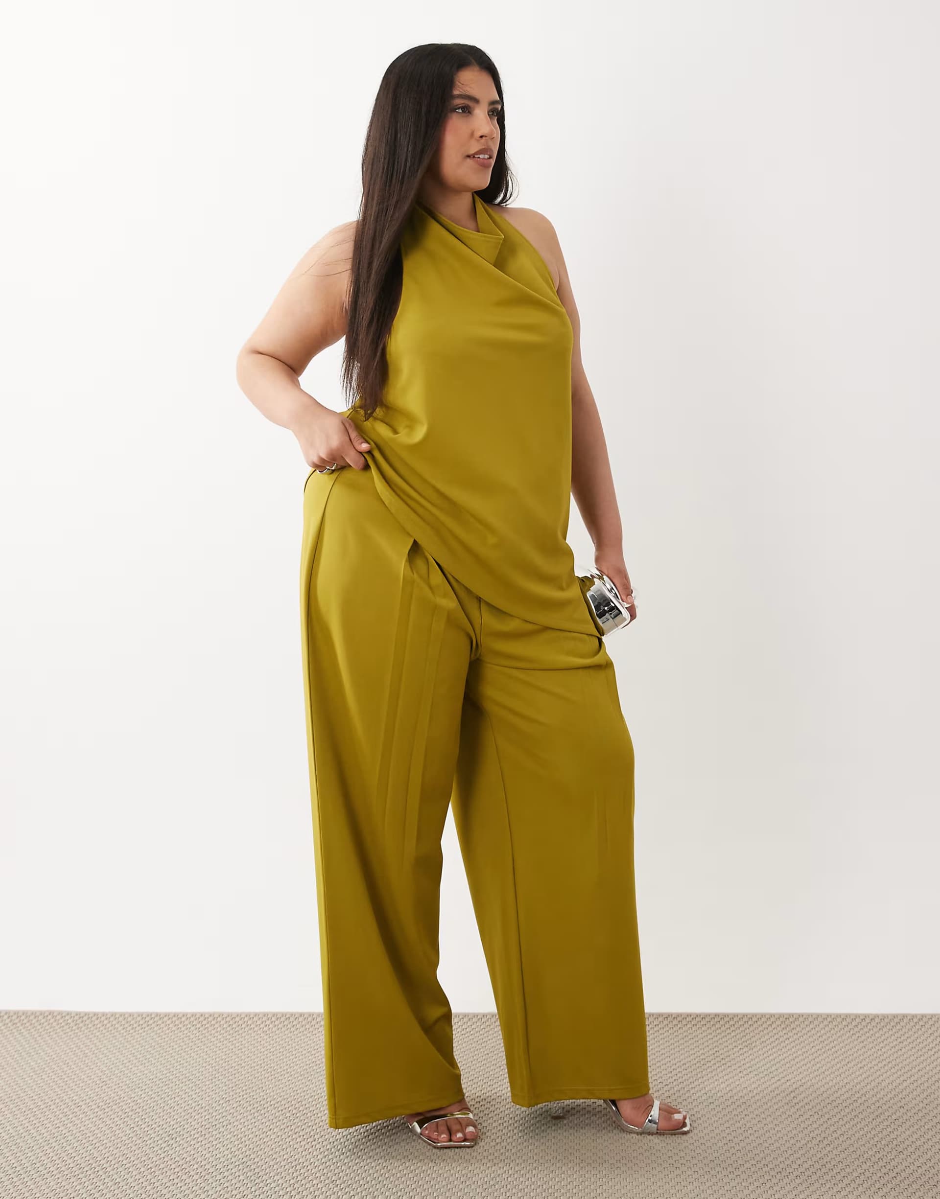 ASOS ASOS DESIGN Curve co-ord slinky twill tailored slouchy wide leg trouser in green