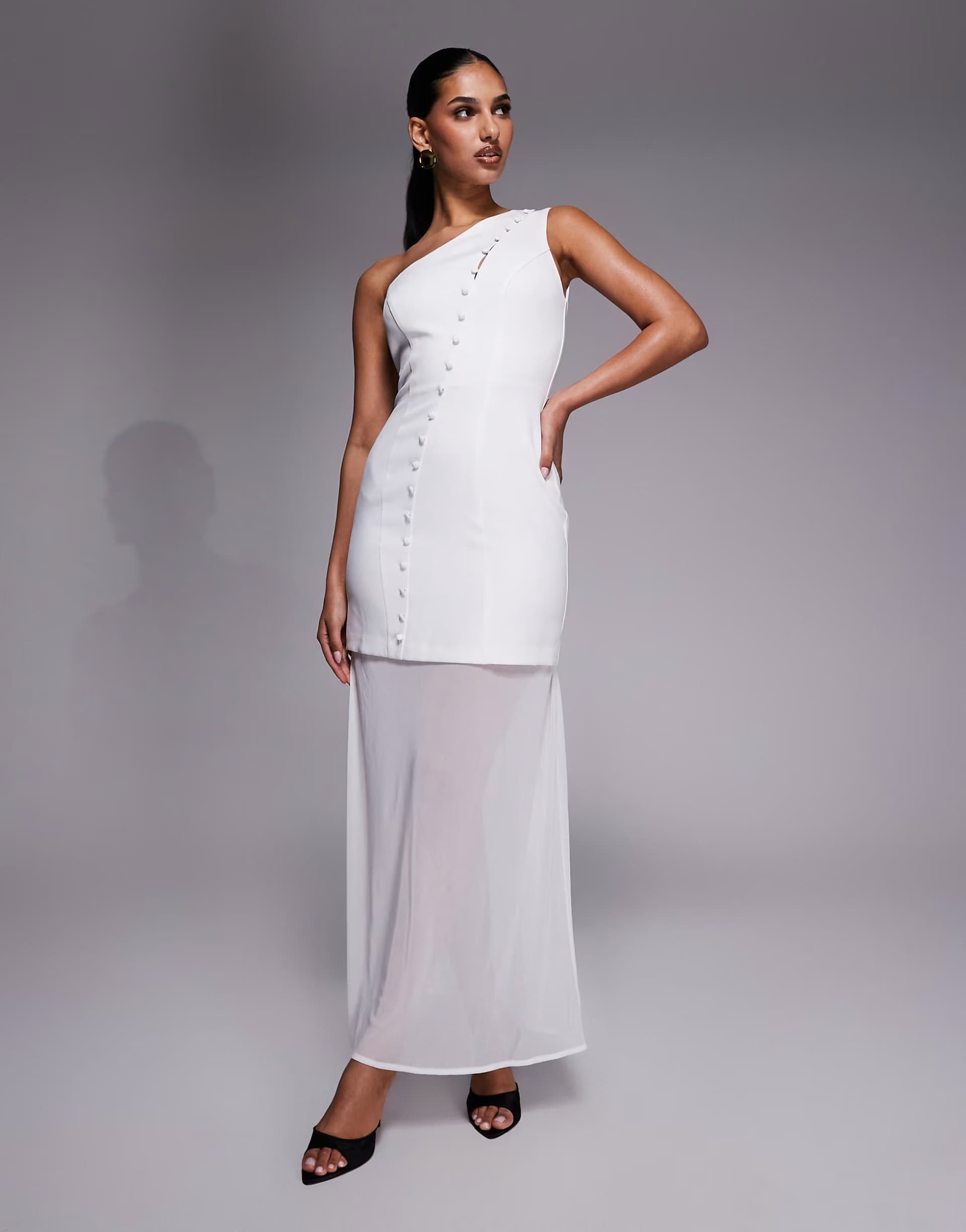 ASOS Kaiia exclusive one shoulder button through detail sheer hem maxi dress in white