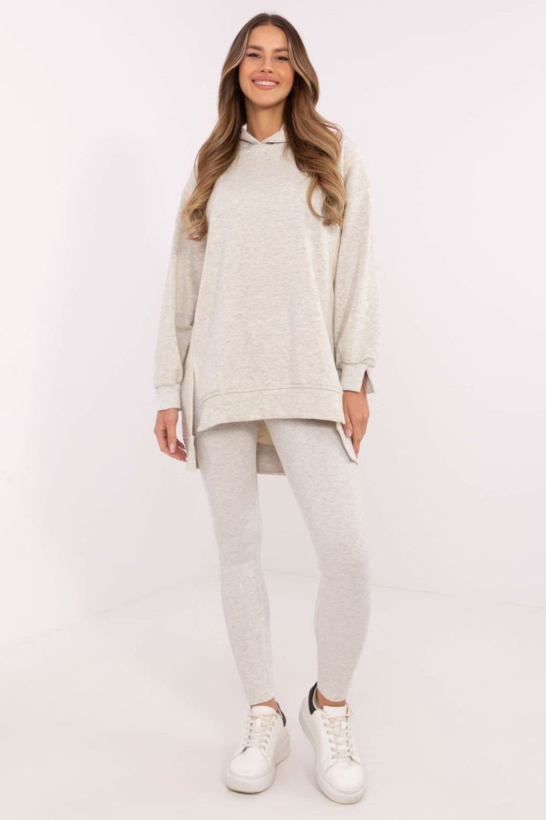 Love Lace Love Lace Women's Cotton Blend Hooded Long Blouse Leggings Set in Grey