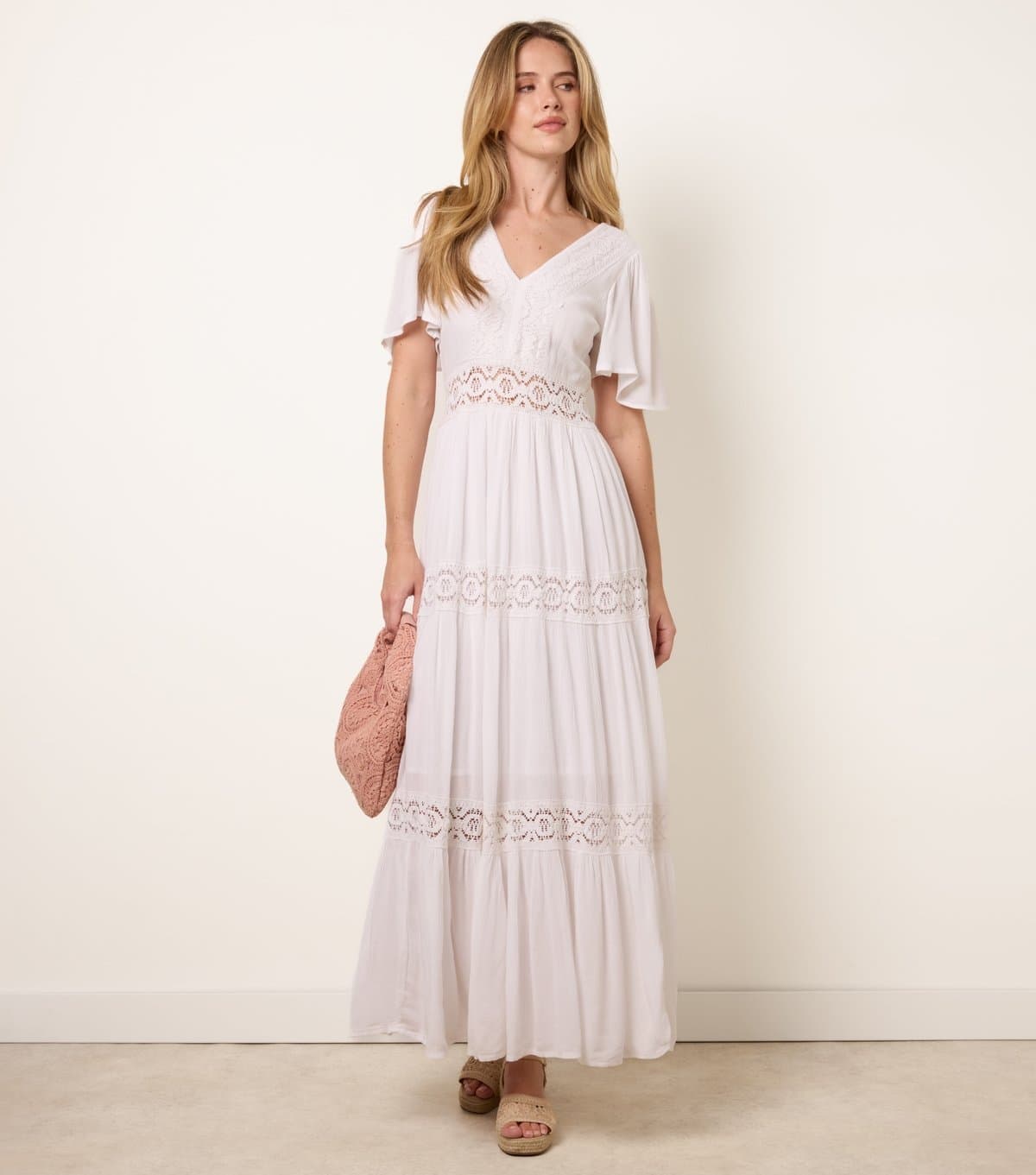Blue Vanilla Women's Off White V-Neck Tiered Crochet Trim Midi Dress Blue Vanilla New Look
