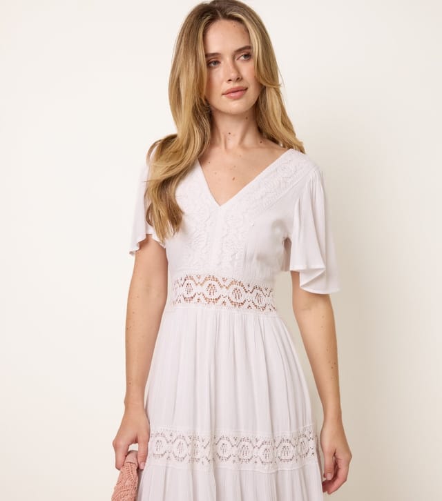Blue Vanilla Women's Off White V-Neck Tiered Crochet Trim Midi Dress Blue Vanilla New Look - 2