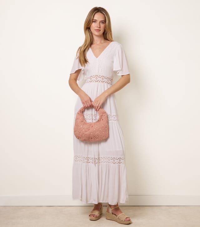 Blue Vanilla Women's Off White V-Neck Tiered Crochet Trim Midi Dress Blue Vanilla New Look - 3