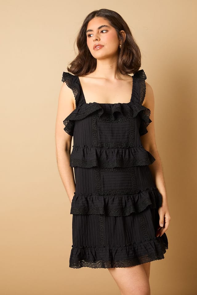 Oasis Oasis Women's Broderie Tiered Detail Strappy Mini Dress in Black - 2