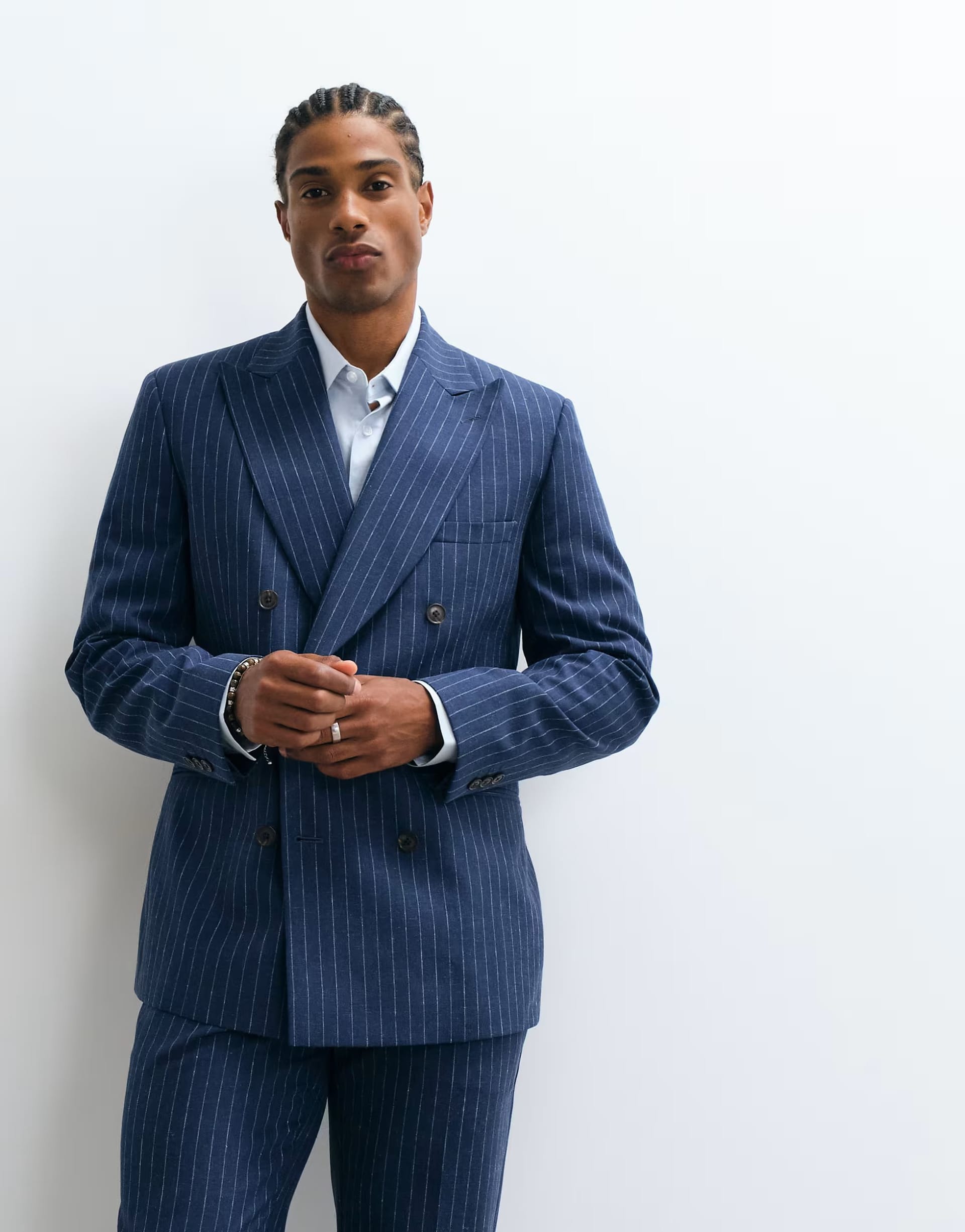 ASOS Double Breasted Navy Pinstripe Linen Suit Jacket