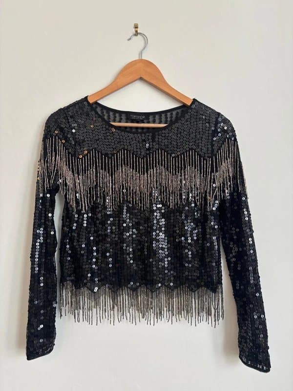 Topshop Rare limited premium vintage Topshop beaded sequin embellished fringe top. Size 8