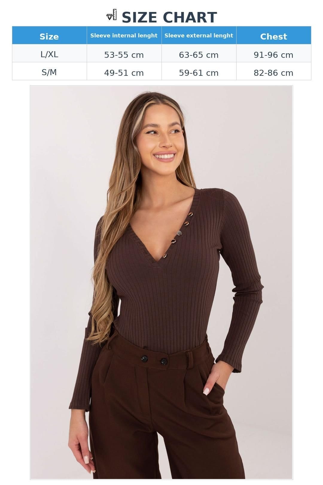Love Lace Love Lace Women's Ribbed Cotton Elastane V Neck Button Blouse in Brown - 4