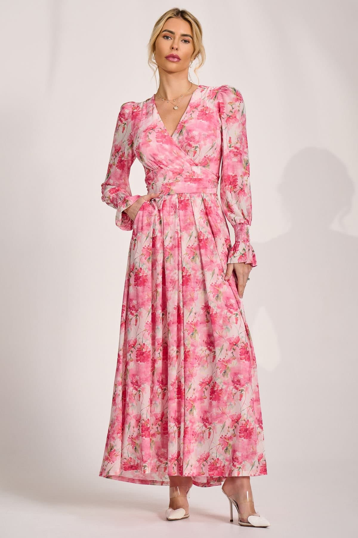 Jolie Moi Jolie Moi Women's Long Sleeve Dip Hem Mesh Maxi Dress in Light Pink