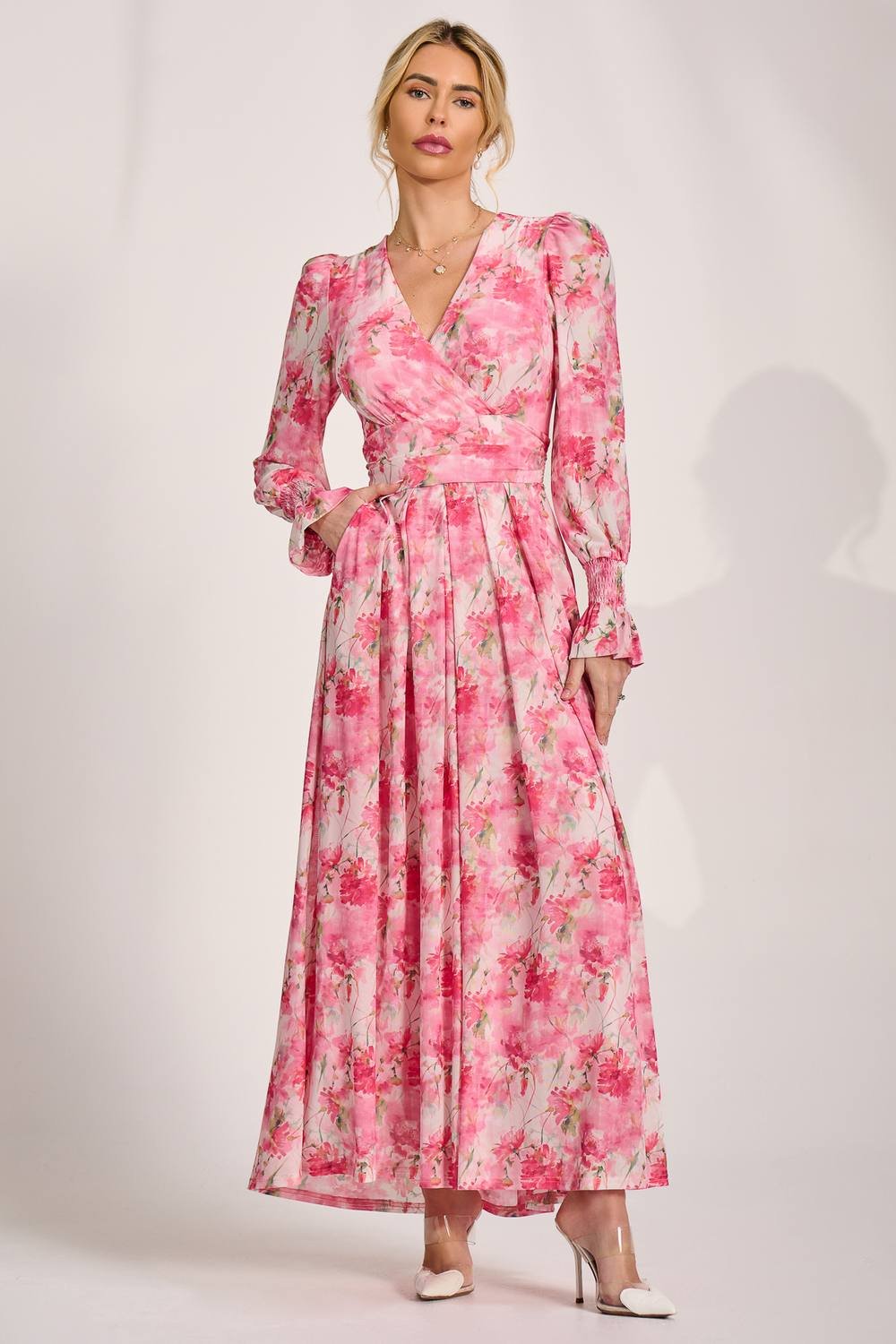 Jolie Moi Jolie Moi Women's Long Sleeve Dip Hem Mesh Maxi Dress in Light Pink - 3