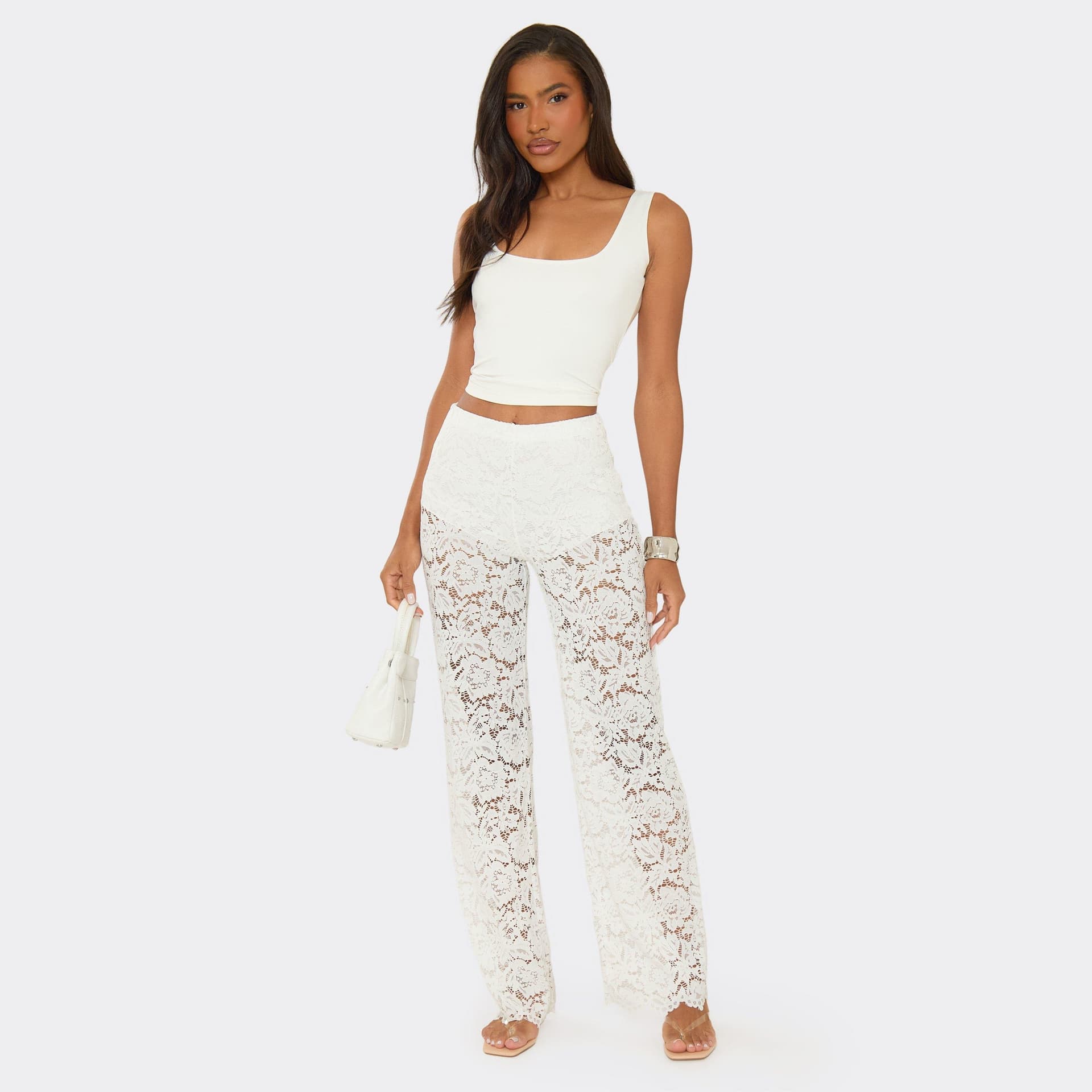 EGO Mid Rise Hot Pant Flared Leggings In White Lace, Women's Size UK L